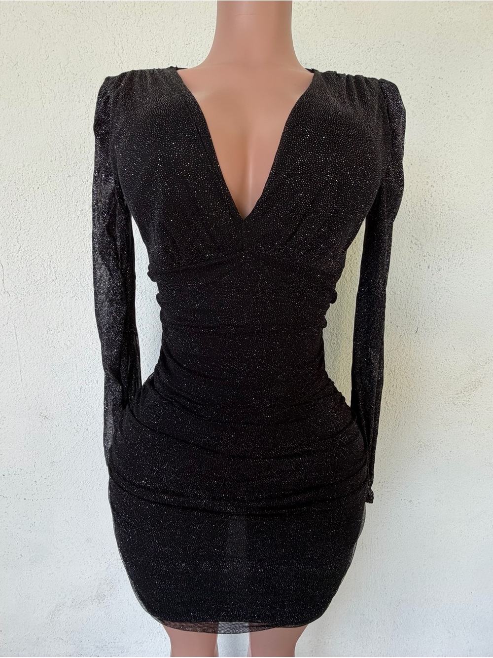 Windsor Black Sparkle Long-Sleeve V-Neck Bodycon Dress